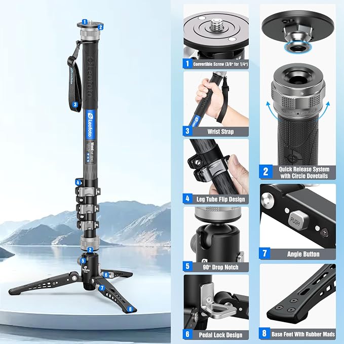 Leofoto Professional Carbon Fiber Monopod with Pedal, 63.78" Portable Travel Monopod with Removable Tripod Base for Camera, Max Load 11.02LB/5KG, Compatible with Sony/Canon/Nikon/DSLR (MF-324C) - Image 2