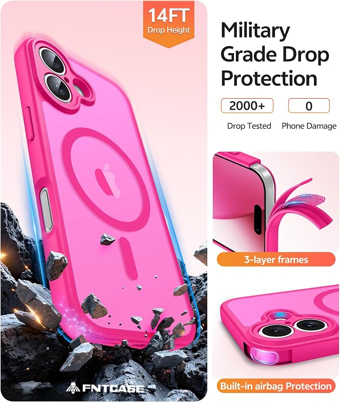 FNTCASE for iPhone 17 Case, Compatible with Magsafe, Glass Screen Protector | Full Camera Protection, Translucent Matte, 14FT Military Grade Drop Proof, Shockproof Protective Phone Cover, Hot Pink - Image 5