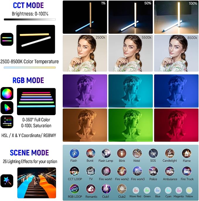 VILTROX K60 2 Pack Large Handheld Stick Light, 32Wh Rechargeable Battery 20W 1950lm RGB LED Video Light w PD Fast Charging CRI 97+ 2500K-8500K LCD Display, 22.8" Tube Light for Photography Light Wand - Image 6