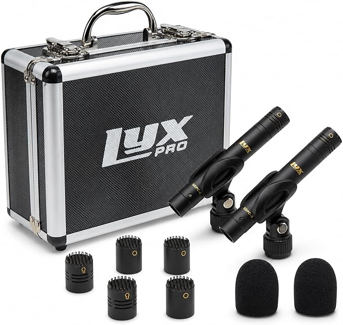 LyxPro SDPC-2 Stereo Pair Small Diaphragm Condenser Microphones, XLR Pencil Mic Set with Omni, Cardioid & Super Cardioid Capsules for Acoustic Guitar, Drums, Piano & Studio Recording by LyxPro