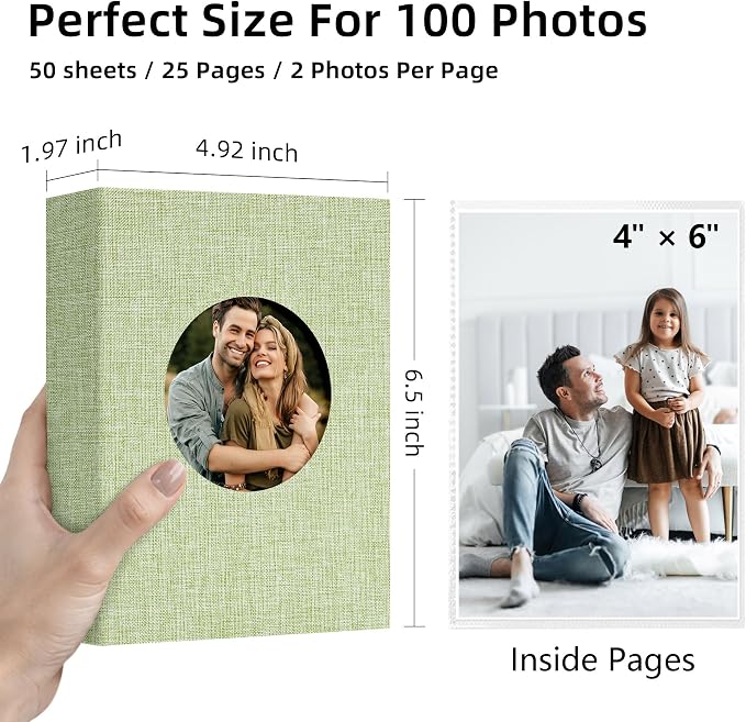 Vienrose Photo Album 4x6 Photos 100 Pockets Linen Cover Slip-in Photo Book with Round Window for Wedding, Vacation Memories, Personalized Picture Organizer, Green - Image 2