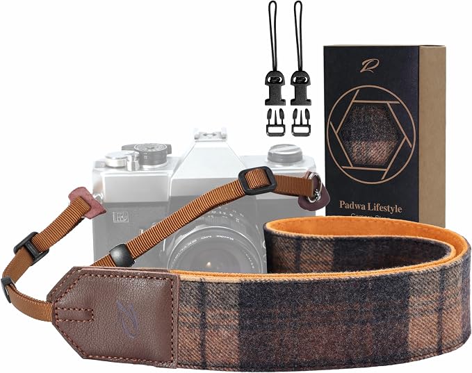Padwa Lifestyle Camera Strap - 2" Full Grain Leather Ends Camera Straps for Photographers, Unique Vintage Cashmere and Soft Suede Fabric Padded Strap Quick Release fits All Cameras(Dark Coffee Check) by PadwaLifestyleCameraStrap