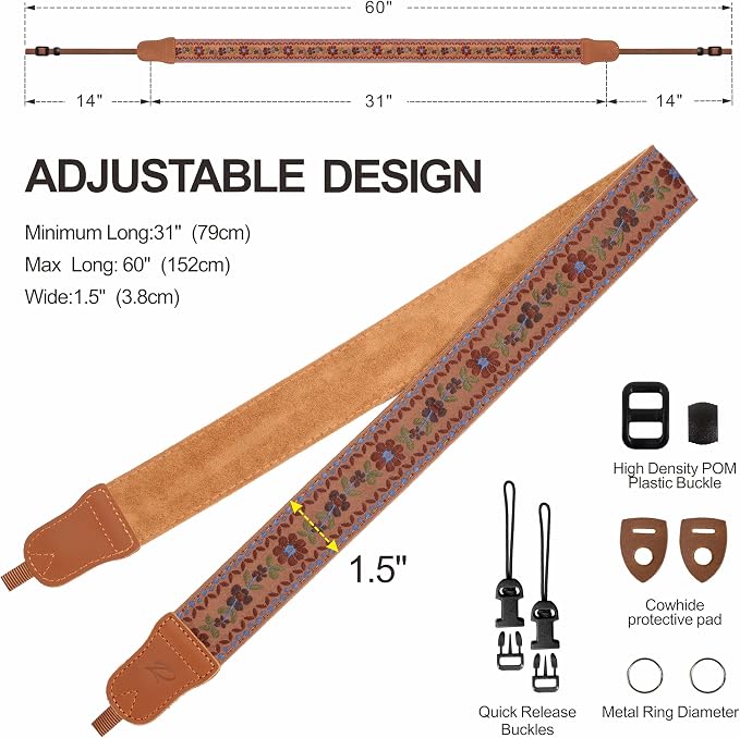 Padwa Lifestyle Embroidered Floral Camera Strap - 1.5" Crazy Horse Cowhide Ends Camera Straps for Photographers, Cute Cotton Weave Soft Suede Fabric Padded Strap fits All Cameras for Adults & Kids - Image 6