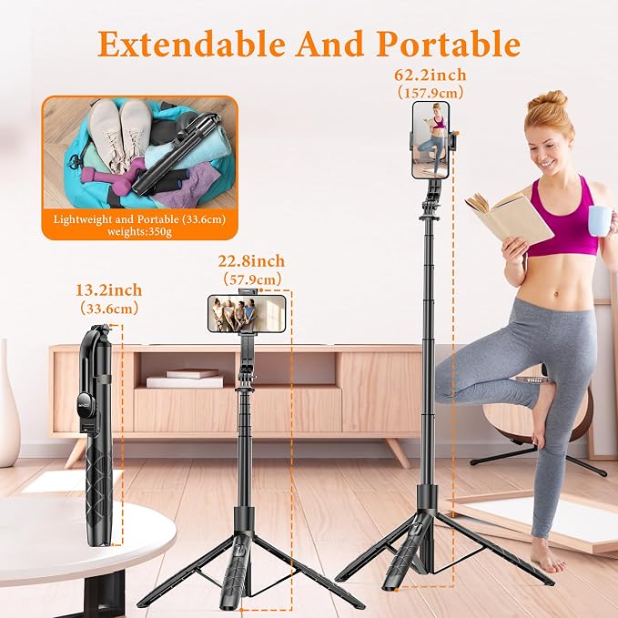 62" Aluminum Alloy Selfie Stick Phone Tripod with Wireless Remote Compatible with iPhone 17 16 15 14 13 pro Xs Max Xr X, Android/Samsung Smartphone Expandable for Travel Selfies Video Recording Vlog - Image 3