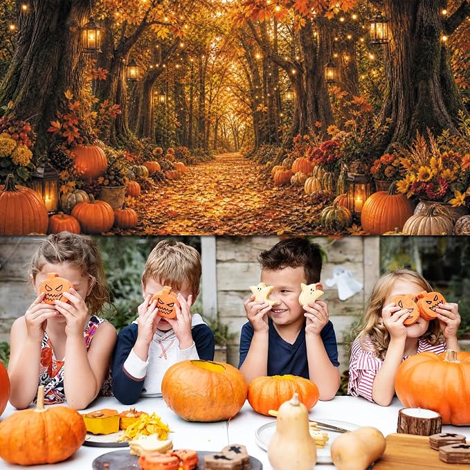 Fall Autumn Forest Photography Backdrop 20x10ft Autumn Woodland Pumpkin Maple Leaves Background Fall Thanksgiving Orange Flowers Seasonal Party Decorations Banner Vinyl - Image 4