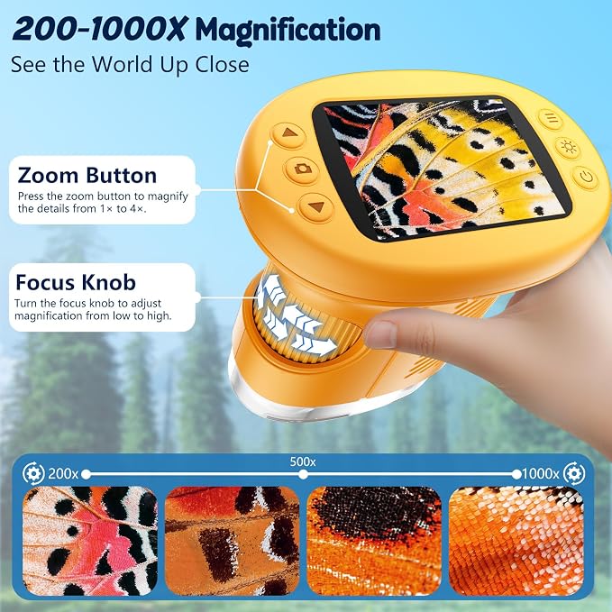 Odatay 4K 1000X Digital Microscope for Kids with 32G Card, Long Distance Viewing & 2.4" Screen Portable Handheld Edu Toys for Age 3-12 Exploring Bugs Plants at Home Classroom & Outdoor Travel, Yellow - Image 5