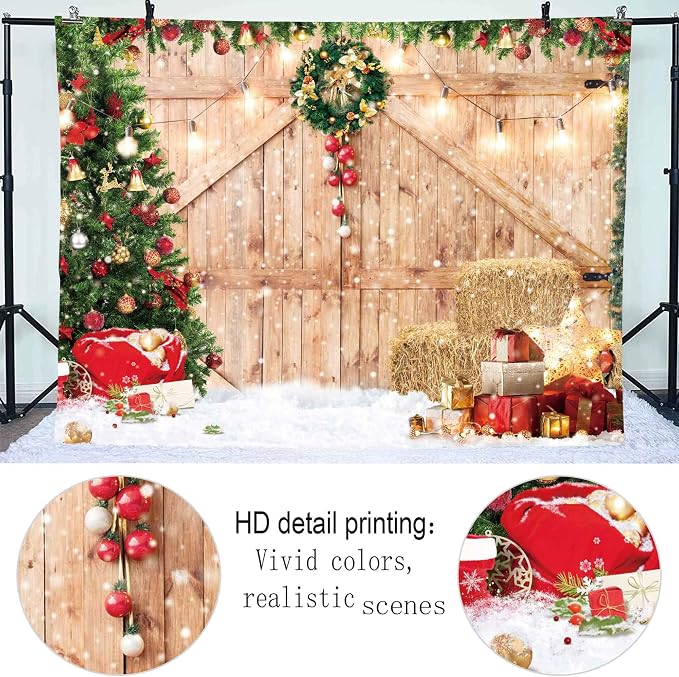 Christmas Backdrop 10x8ft Soft Fabric Rustic Barn Wood Door Backdrop for Photography Xmas Tree Snow Wall Floor Party Photo Background Family Banner Decorations Studio Prop Pictures - Image 2