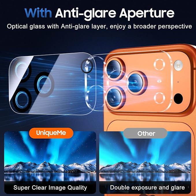 UniqueMe Compatible for 3 Pack iPhone 17 Pro Camera Lens Protector | Drop Protection, 9H Tempered Glass, Camera Cover, Update New Version - Image 4