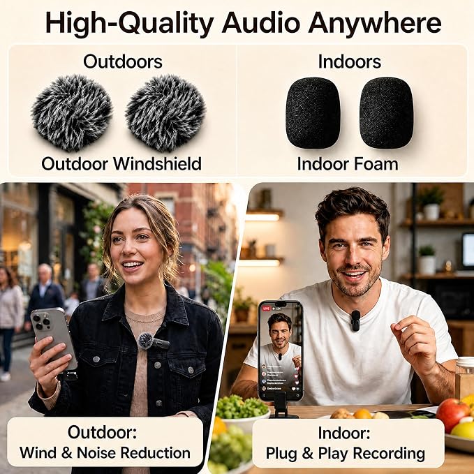 Wireless Lavalier Microphone for iPhone Android, 2Pcs Mini Mic, Plug & Play | Noise Cancelling, 64dB Adaptive, 0.35oz Featherweight, 65ft Range, 6H Battery, for Content Creators Vlogging, YouTube, TikTok - Image 3