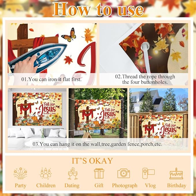 Thanksgiving Banner 8x6ft Polyester Fall for Jesus He Never Leaves Banner Outdoor Happy Thanksgiving Backdrop Fall Decorations for Party Pumpkin Patch Backdrop - Image 3