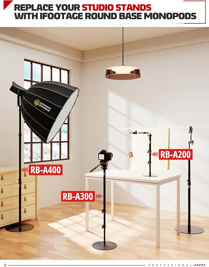 IFOOTAGE A300 Round Base Monopod 60" Aluminum Camera Floor Stand | Tripod Alternative with 1/4" & 3/8" Screw Light Adapter for Camera Tripod Head Ring Light Webcam, Payload 22lb - Image 9