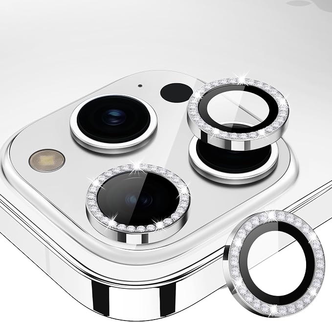 for iPhone 15 Pro/15 Pro Max Camera Lens Protector Diamond, Silver | Individual Metal, 9H Hardness, Scratch Resistant, Shockproof, Drop Protection, Case Friendly, Stylish Accessories by Xfilm