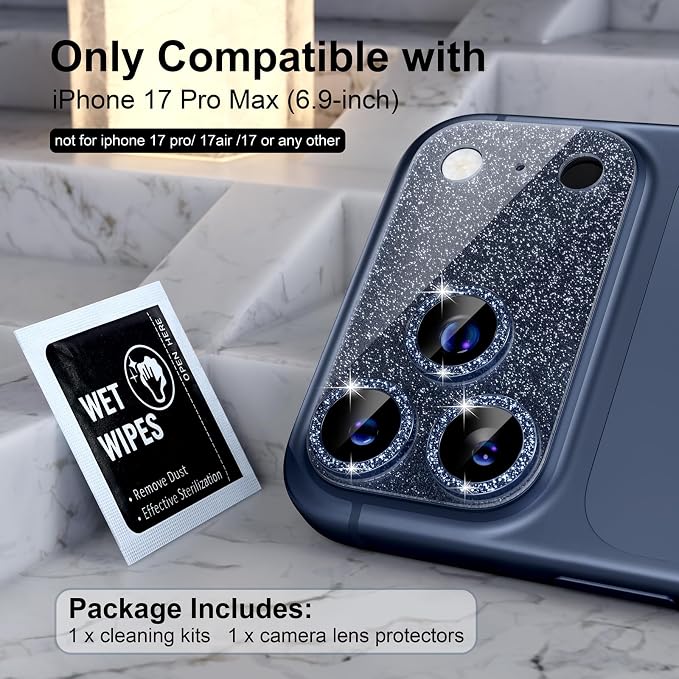 Choiche for iPhone 17 Pro Max Camera Lens Protector, Glitter-Deep Blue | Bling Metal Camera Cover with 9H Tempered Glass Lens Screen Protector Accessories, Strong Adsorption, Case-Friendly, 6.9-inch - Image 2