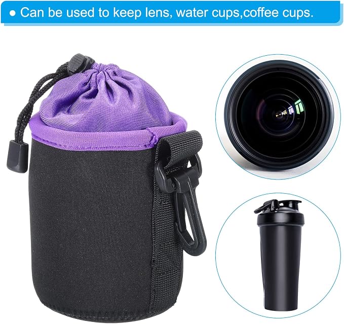 PATIKIL Camera Lens Bag, 2 Pcs 3" ID x 3.9" H Cylindrical Drawstring Lens Pouch with Thick Protective Neoprene, Lens Case for DSLR Camera Lens, Water Coffee Cups Black, Purple - Image 6