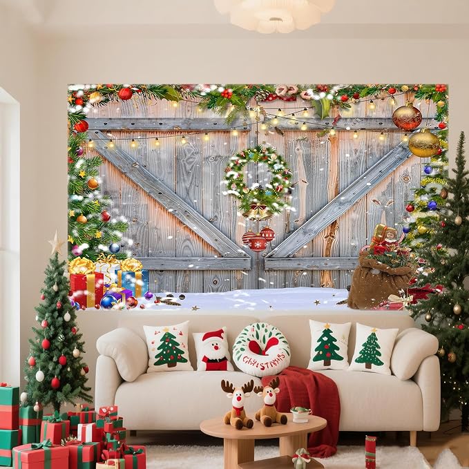 Christmas Photo Backdrop for Photography, 8x6ft | Vinyl Merry Xmas Wall Background for Photoshoot, Red Gift Snow Tree, Rustic Barn Wood Door, for Outdoor, Party Decorations - Image 5