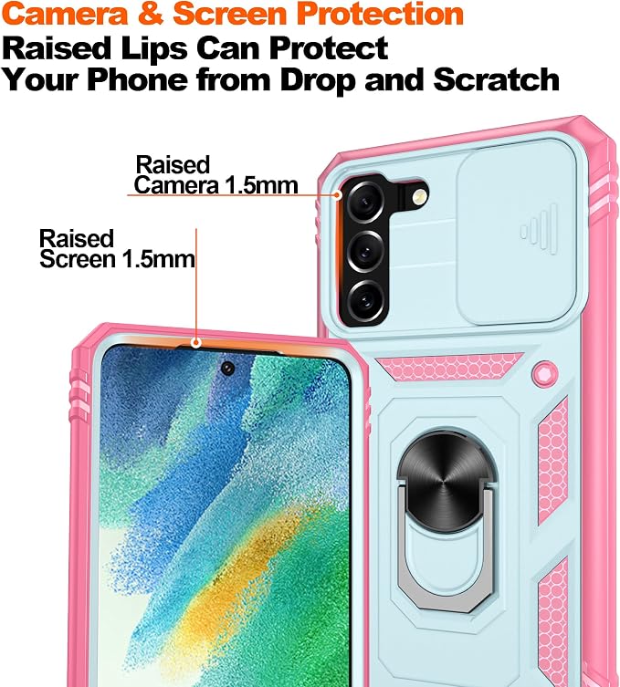 Gritup for Samsung Galaxy S21 FE 5G Case with 2PCS Screen Protector, Build in 360° Rotating Ring Kickstand, Military Grade Protective Case for S21 FE Phone, Green+Pink - Image 5
