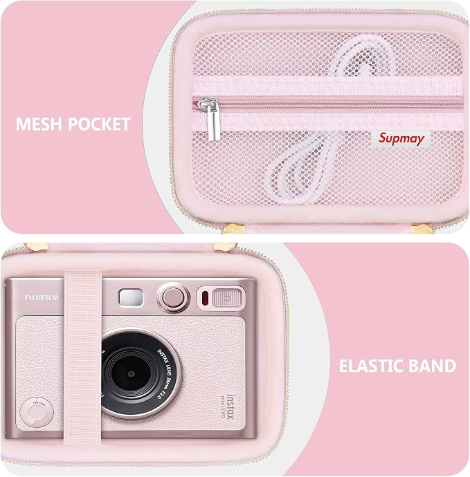 Carrying Case Compatible with Instax Mini EVO Instant Camera, INSTAX MINI EVO Camera Storage Holder Travel Bag with Mesh Pocket for Photos, USB Cables, Film, Pink - Image 4