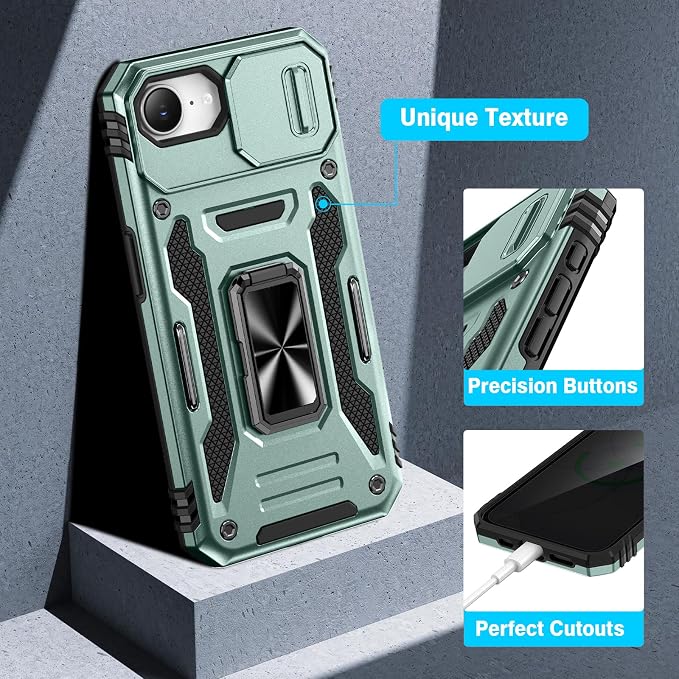 VEGO for iPhone 17e/ iPhone 16e Case with Privacy Screen Protector | Slide Camera Cover & Ring Kickstand Military Grade Heavy Duty Protection Cover for iPhone 17e 5G 6.1 Inch - Light Green - Image 7