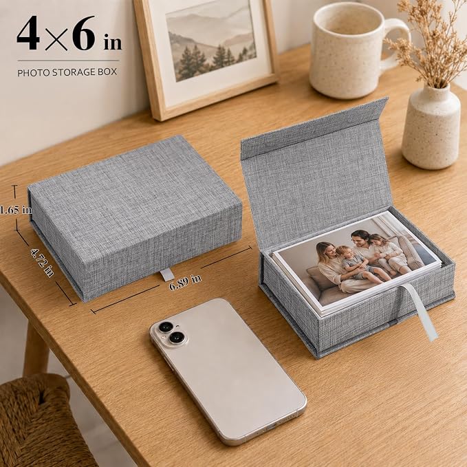 Vienrose Small Photo Storage Box, 4"x6", Linen Postcard Keeper, Gray | 1Pc Sturdy Linen Cover Box for Photos, Postcards & Sticker Storage, Perfect for Home, Office, Craft Room, and Travel - Image 2