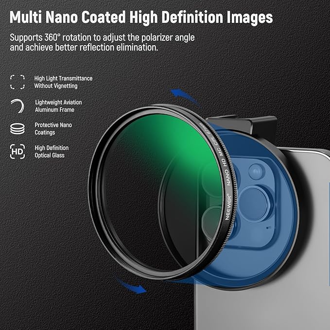 NEEWER 67mm CPL Filter for Phone, Circular Polarizing Camera Lens Filter with Cold Shoe Clip Compatible with iPhone 17 16 16e 15 Pro Max Plus 14 13 Android Samsung Galaxy S25 Ultra, FL-27 - Image 4