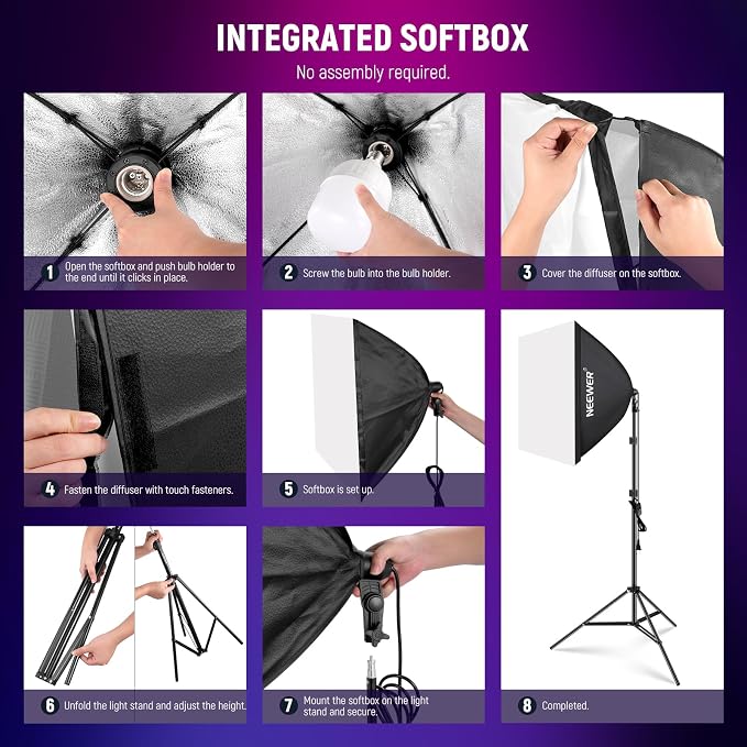 NEEWER RGB Softbox Lighting Kit with App Control & 9 Effect Modes, 2 Pack 26W FCC/IC/UL Certified LED Bulbs CRI93+ TLCI98+, E26 Porcelain Sockets, 24" Softboxes, for Studio Photography Lighting, NK800 | 9 Effects, 26W LED Bulbs, CRI93+, TLCI98+, E26 Po... - Image 8