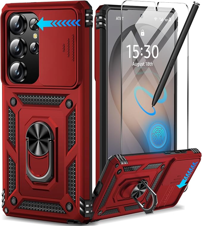 Taisairu for Samsung Galaxy S26 Ultra Case with Screen Protector & Slide Camera Lens Cover, Built-in Magnetic Ring Stand Shockproof Protective Phone Case for Samsung S26 Ultra Case (Red) by Taisairu