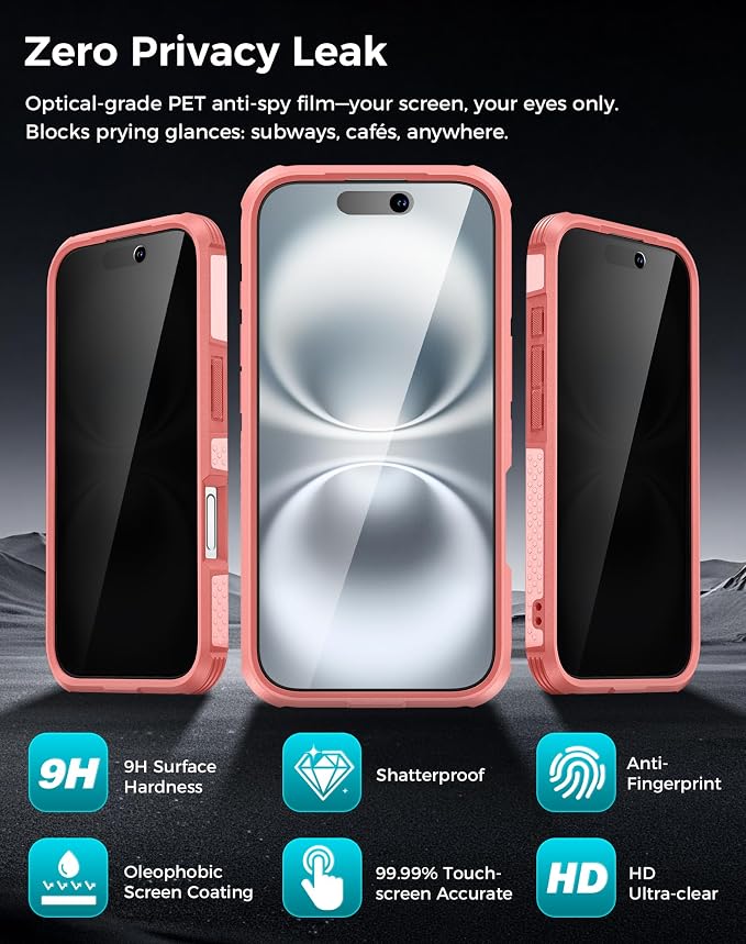 Goton 3 in 1 for iPhone 16 Case with Privacy Screen Protector Pink | Glass Camera Lens Protector,Compatible for MagSafe,Invisible Kickstand, Shockproof Phone Cover for iPhone16 - Image 5