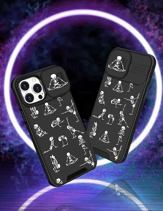 (2in1 for iPhone 12 Pro Max Case Skull for Women Cute Skeleton Yoga Phone Cover Funny Ghost Horror Design with Slide Camera Cover Protective Cool Black Teen Cases for iPhone 12 ProMax 6.7'' - Image 4