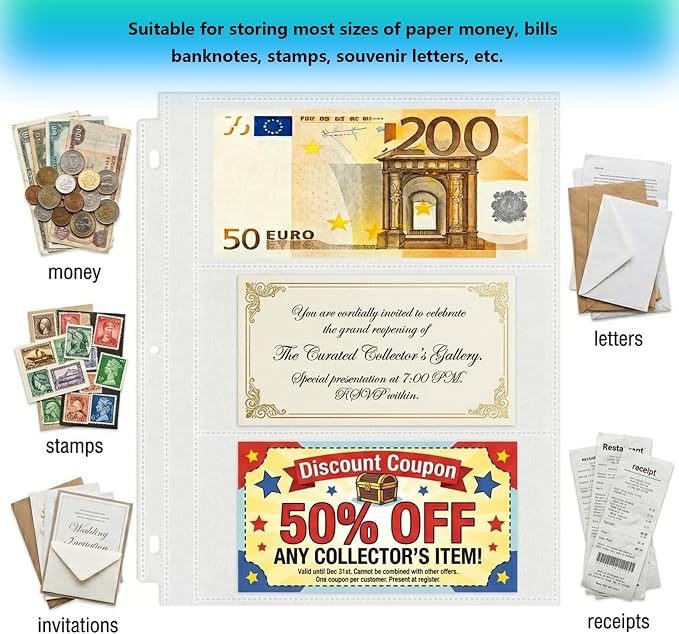 50 Pack （7.6x3.6inch ） 3 Pockets Currency Sleeves for 3 Ring Binder | Currency Collection Sleeves, Cash Collecting Album Refill Page, for Collecting Dollar Bills, Paper Money,and Coupons - Image 4