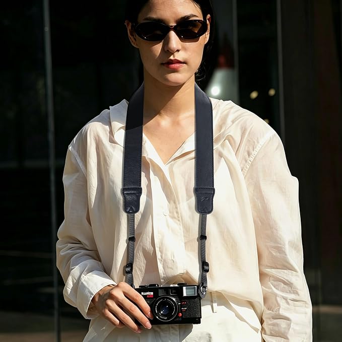 Padwa Lifestyle Black Leather Camera Strap - 1.5" Soft Full Grain Cowhide Camera Straps for Photographers, Soft Suede Fabric Padded Leather Strap with Quick Release fits All Cameras - Image 2