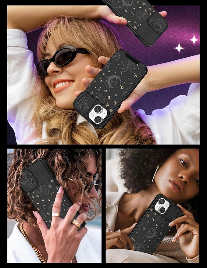 (2in1 for iPhone 12 Case Moon Plants for Women Cute Phone Cover Flower Heart Stars Space Design with Slide Camera Cover Protective Fashion Black Cases for iPhone12 6.1'' - Image 6