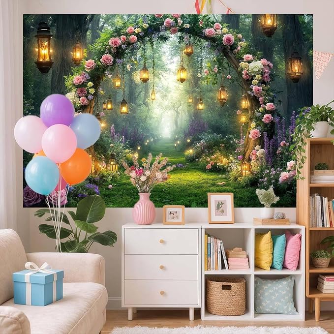 5x3ft Purple Flower Wedding Photography Backdrop Lavender Floral Enchanted Forest Fairytale Bridal Backdrop Anniversary Birthday Baby Shower Girl Party Banner Photo Booth Props Wonderland Background - Image 4