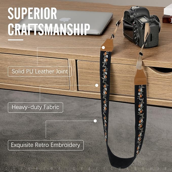MoKo Camera Strap Compitable with Canon/Sony/Nikon/Minolta/Panasonic/DSLR | Cotton Vintage Camera Strap,Adjustable Neck Shoulder Strap,for Camcorder,Binoculars,for Adults Kids, Black Plum Blossom - Image 2