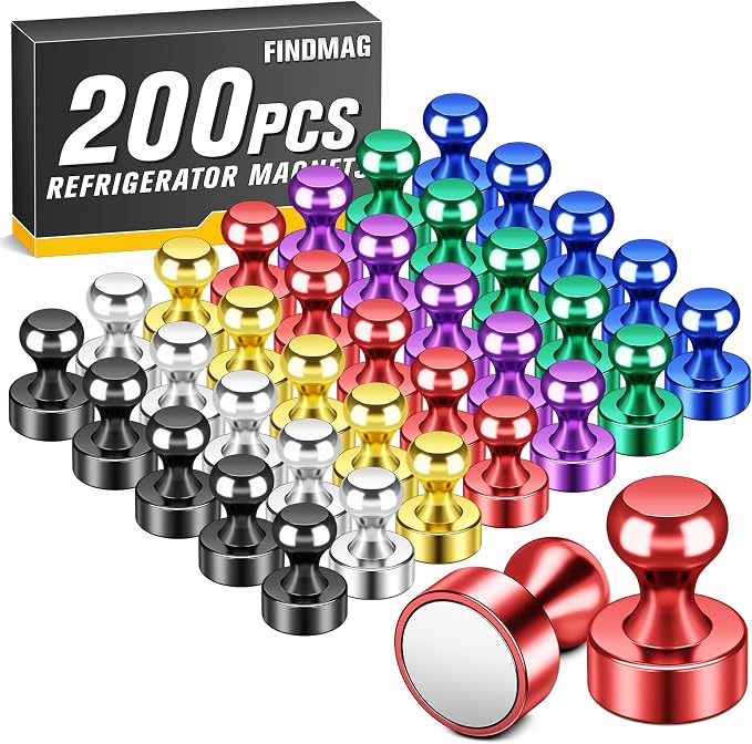 FINDMAG 200 Pack Colorful Refrigerator Magnets, Magnets for Fridge, Office | Magnetic Push Pins for Kitchen, Whiteboard and Classroom, Pictures Display, Accessories Decorative, Strong Magnetic Hold by FINDMAG