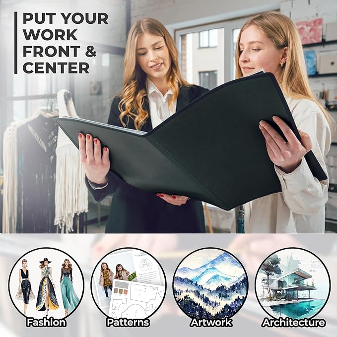 Dunwell 12x18 Art Portfolio Binder, 24-Sleeve, Black Mounting Paper, Black | 24 Clear Sleeves, Displays 48 Pages, Black Mounting Paper Included, Artwork Storage, Acid-Free Poly Protection - Image 4