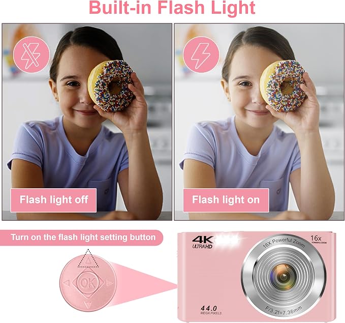 Digital Camera, FHD 4K Autofocus Digital Camera Pink with 64GB SD Card 16X Zoom, 2026 Upgraded Compact Cameras for Photography Point and Shoot Small Camera for Teen Boys Girls Kids Travel Adventures - Image 7