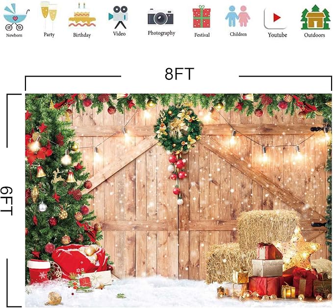 Christmas Backdrop Soft Fabric Rustic Barn Wood Door Backdrop for Photography Xmas Tree Snow Wall Floor Party Photo Background Family Banner Decorations Studio Prop Pictures(8x6ft) - Image 4