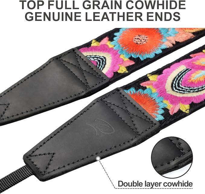 Padwa Lifestyle Colorful Knit Camera Strap - 2" Full Grain Leather Ends Camera Straps for Photographers, Vintage Embroidered Cotton Soft Suede Fabric Padded Strap Quick Release fits All Cameras - Image 2