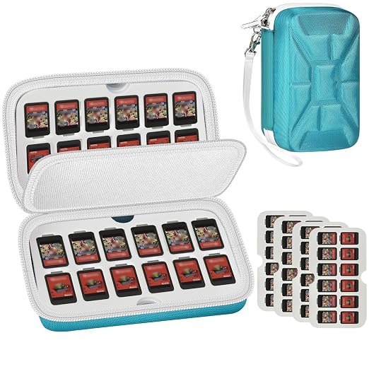 Game Card Case for Nintendo Switch, 72 Games and 144 MicroSD Cards, Cyan | Hard EVA Memory Card Organizer with Removable EVA-PVC Trays, Fitted Slots and Finger Grooves for Easier Browsing by GWCASE