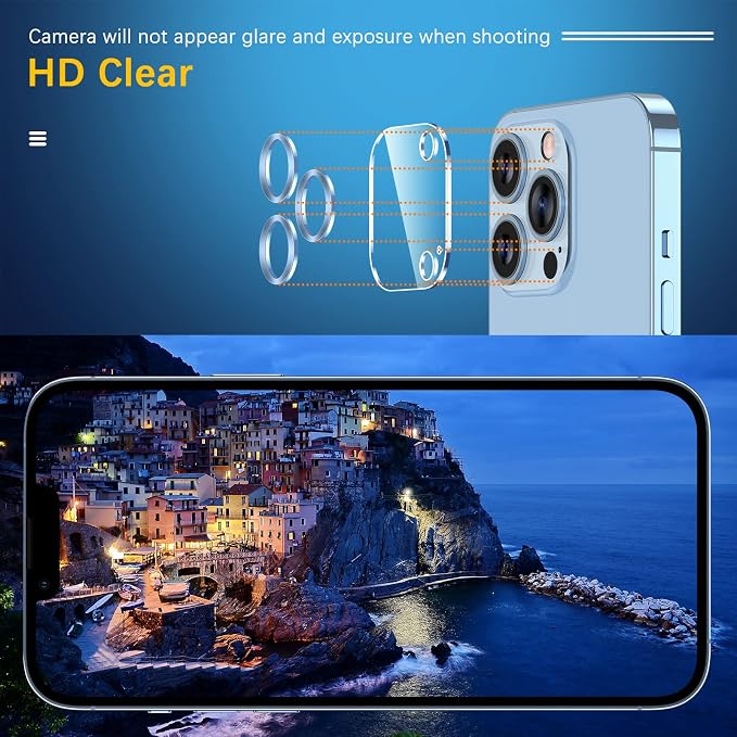 UniqueMe 3 Pack Lens Protector for iPhone 13 Pro/Pro Max-Sierra Blue | Tempered Glass, Case Friendly, New version, Scratch-Resistant, Easy Installation, with iPhone 13 Pro 6.1", 13 Pro Max 6.7" - Image 5