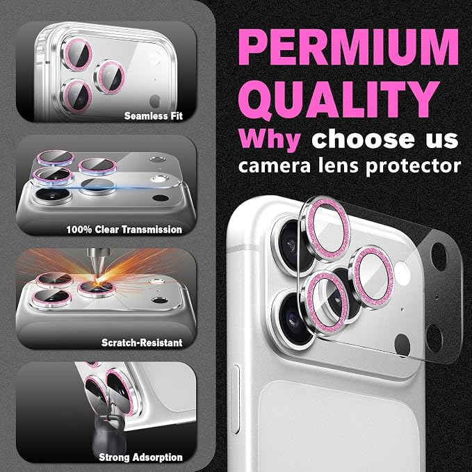 2 Pack for iPhone 17 Pro Camera Lens Protector | Bling Tempered Glass 9 Hardness,Anti-Scratch High Definition Camera Screen Protector (Pink) - Image 5