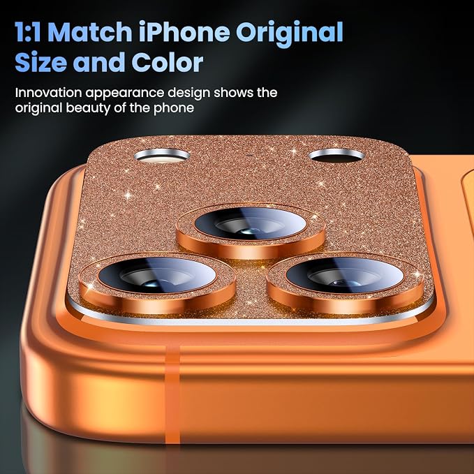 Uyiton for iPhone 17 Pro Max Camera Lens Protector, Metal Frame Glass Cover | Not Easy to Break, Strong Adsorption, Case-Friendly, Metal 9H Sapphire Glass Rear Camera Screen Cover, Glitter Orange - Image 5