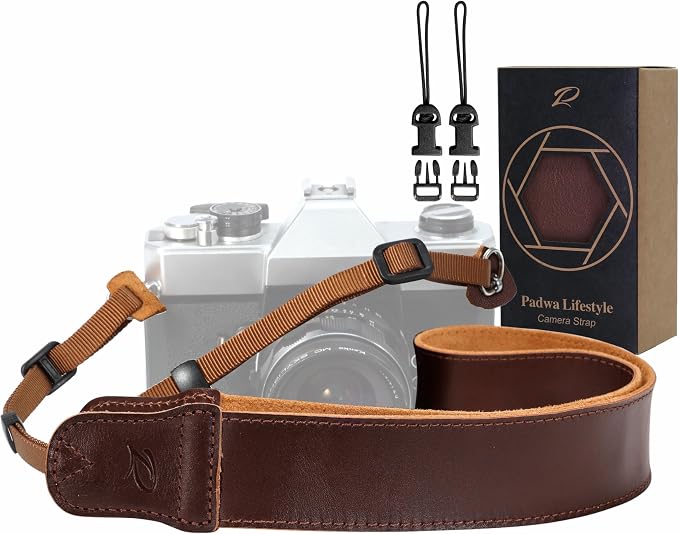 Padwa Lifestyle Coffee Leather Camera Strap - 1.5" Soft Full Grain Cowhide Camera Straps for Photographers, Soft Suede Fabric Padded Leather Strap with Quick Release fits All Cameras by PadwaLifestyleCameraStrap