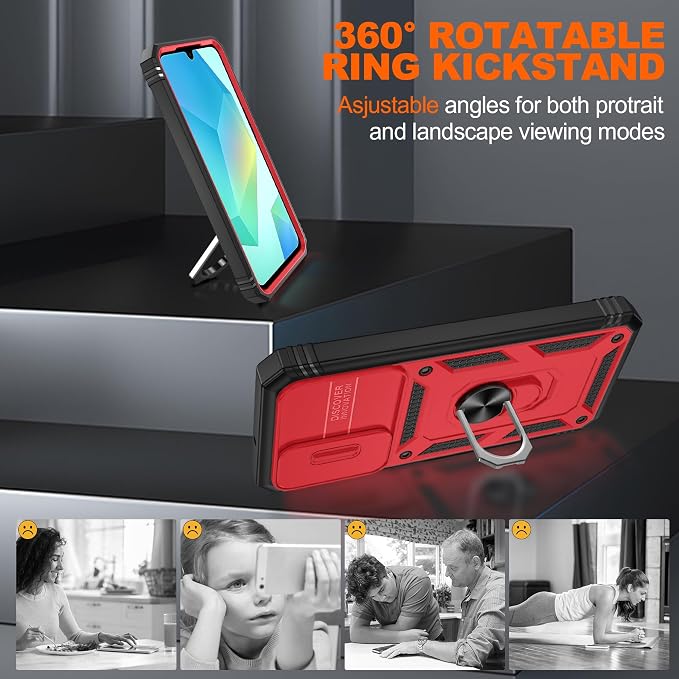 for Samsung Galaxy A06 Phone Case with 2PCS Screen Protector, Galaxy A06 Case Build in 360° Rotating Ring Kickstand, Military Grade Protective Case for Samsung A06 Phone, Red+Black - Image 7
