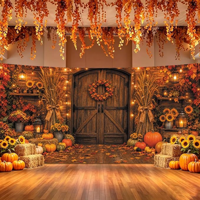 Rustic Barn Wooden Door Fall Backdrop 20x10ft Brick Wall Maple Leaf String Light Thanksgiving Background Pumpkin Sunflower Haystack Harvest Autumn Famliy Party Decorations Vinyl - Image 3