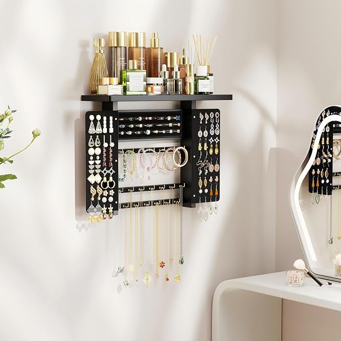 Emfogo Jewelry Organizer Hanging Wall Mounted Jewelry Holder, 5-in-1 Large Capacity Necklace Organizer Wall Display for Ring, Necklaces, Bracelets, Earrings(Black) - Image 7