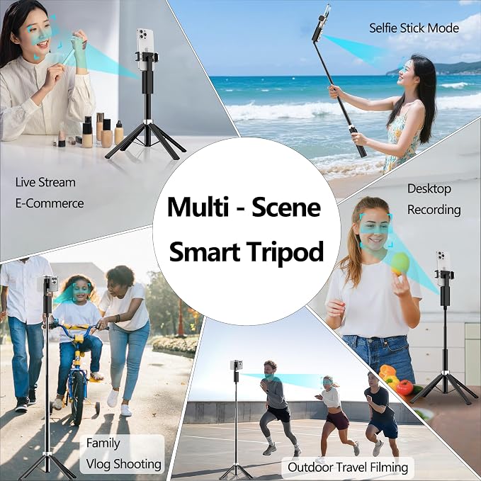 Auto Face Tracking Selfie Stick Tripod for iPhone, Minimalist 360° Rotating AI Tracking Tripod with Wireless Control, 60" Extended Phone Holder for Content Creation Vlogging, Live Streaming - Image 2