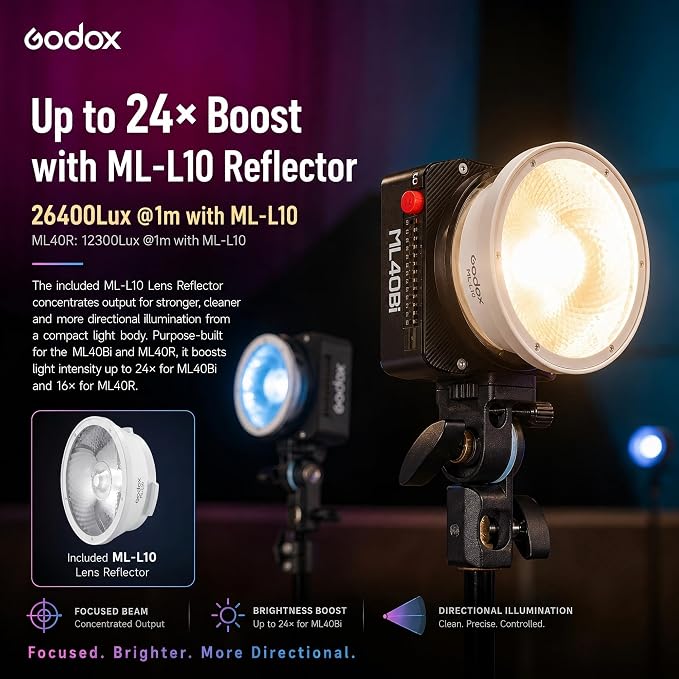 Godox ML40Bi Bi-Color LED Video Light, Portable COB Photography Light with Built-in Battery, 2800K-6500K, 28,000 Lux with ML-L10 Reflector, CRI/TLCI 96, 11 FX Effects, USB-C Charging, App/NFC Control - Image 4