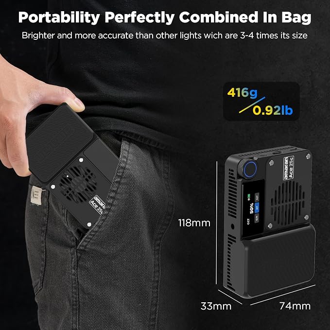 Amaran Ace 25c RGBWW LED Video Light Pocket Creator Light | 32W Boost Mode, 2300K-10000K RGBWW, 1171 Lux Output at 5600K, 4500mAh Battery, USB-C PD Fast Charging, Charcoal - Image 3