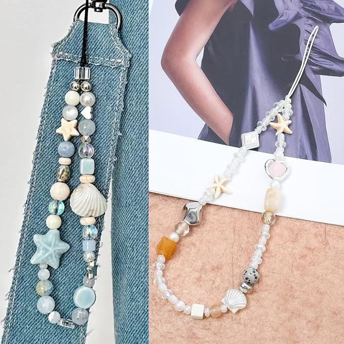 2 Pcs Phone Charm Strap Universal Hand Phone Wrist Strap Camera Lanyard Pearl Beaded Cute Chain String Accessories Universal for iPhone 16 Pro Max Samsung Women Girls Phones Bag Keychain Beach Style - Image 9